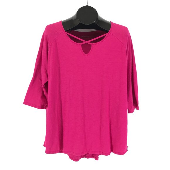 Eddie Bauer Criss Cross 3/4 Sleeve Tunic Tee Women's Plus XXL Pink Casual Knit - Picture 1 of 10